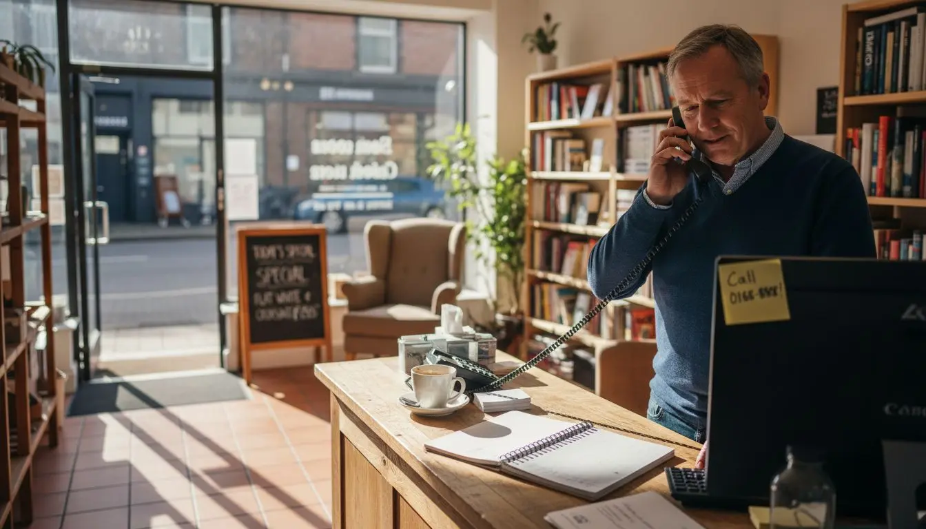 Business owner answers phone with memorable number sign