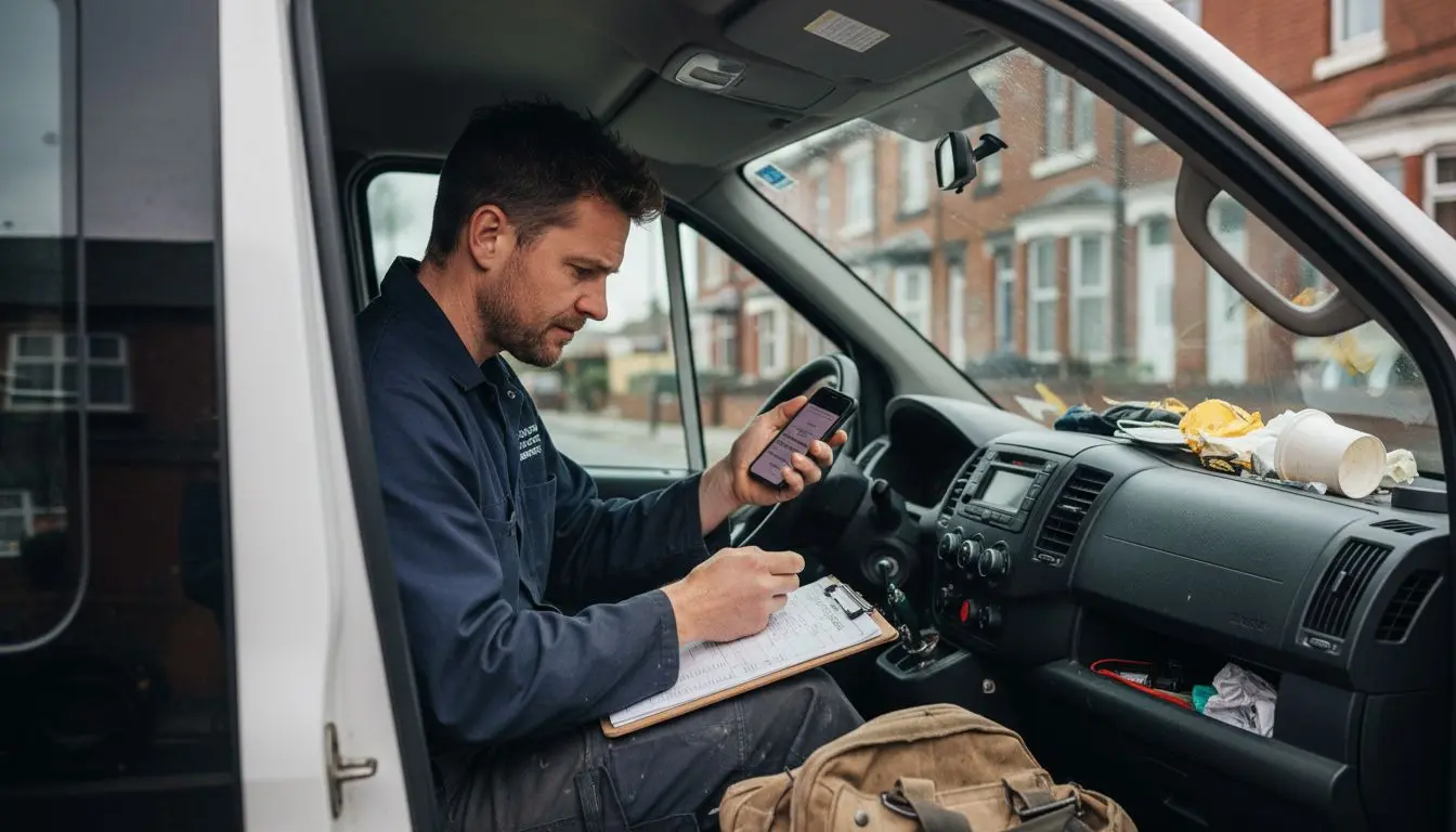 Electrician in van dialing local phone number