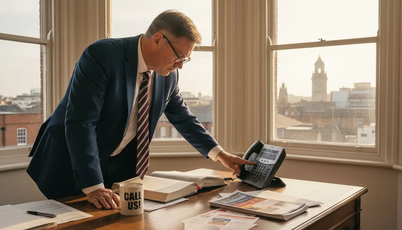 Business owner dialing phone at city office desk