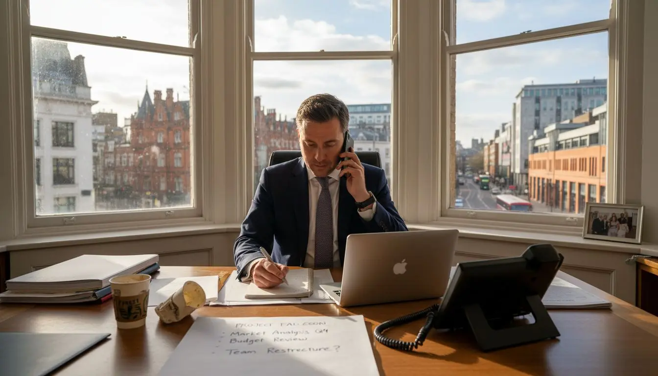 Businessman using phone in urban office