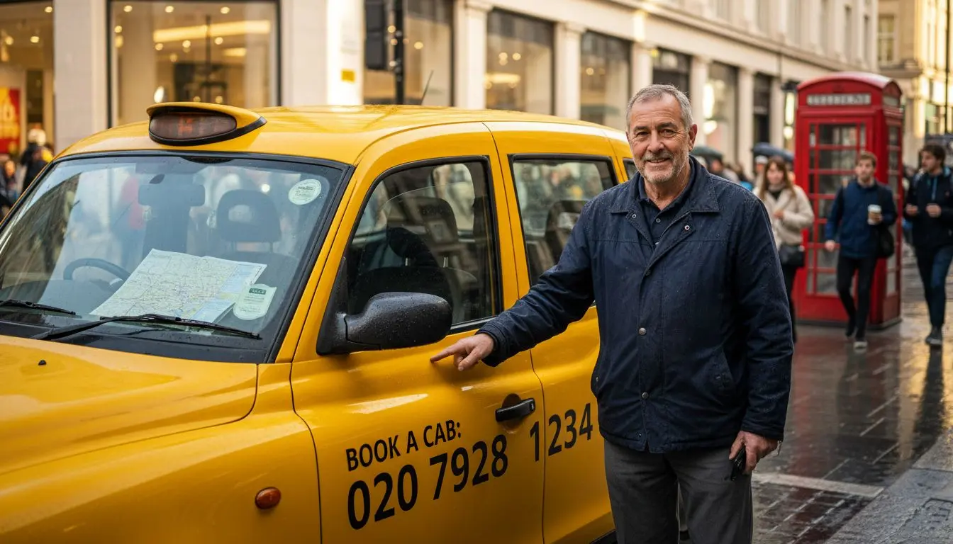 Taxi driver pointing at branded phone number