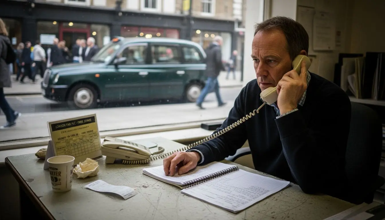 Taxi firm manager dialing office phone