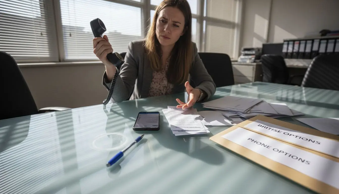 Woman comparing landline and mobile phones at office table