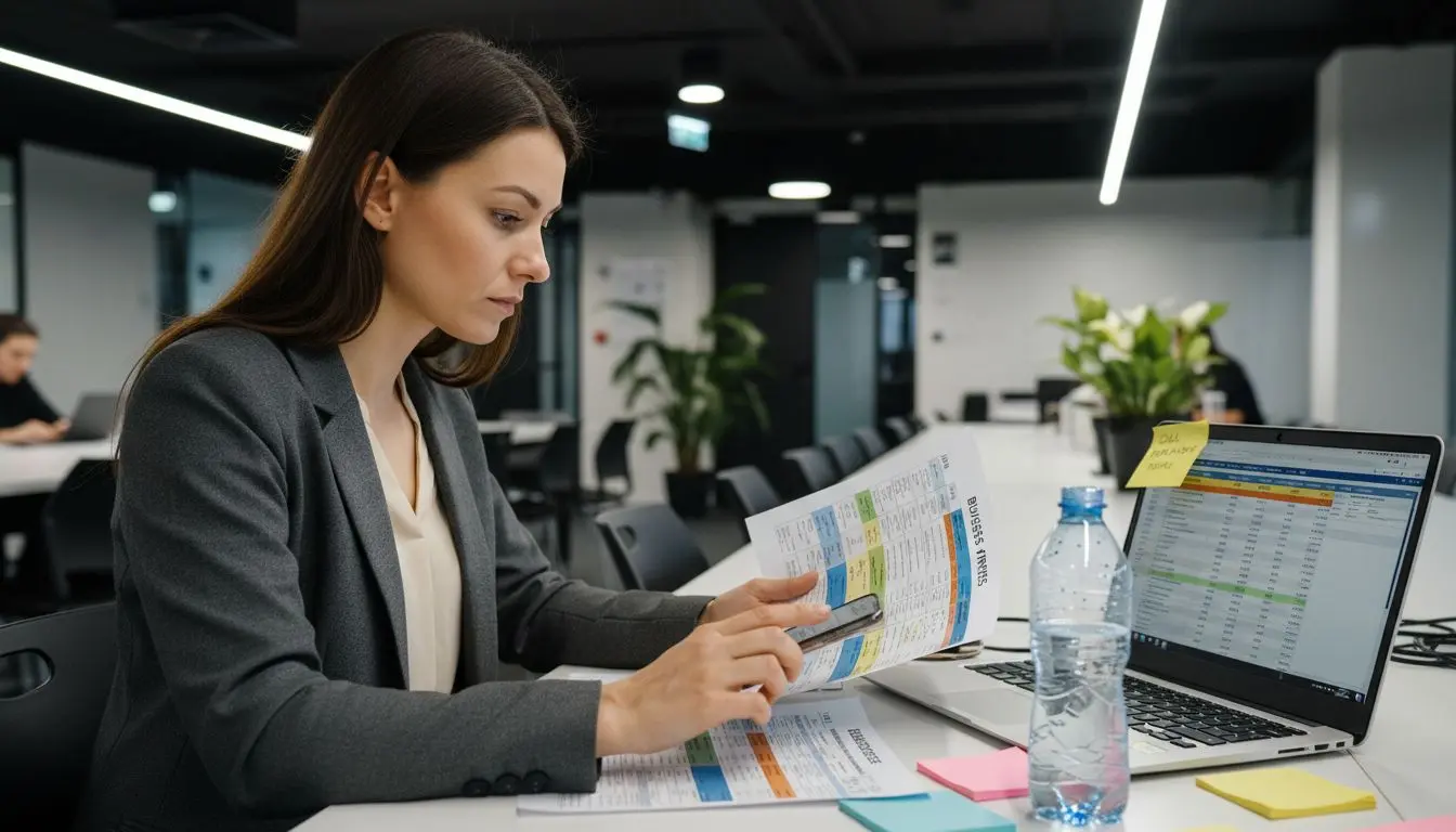 Manager reviewing tariff comparison at meeting table