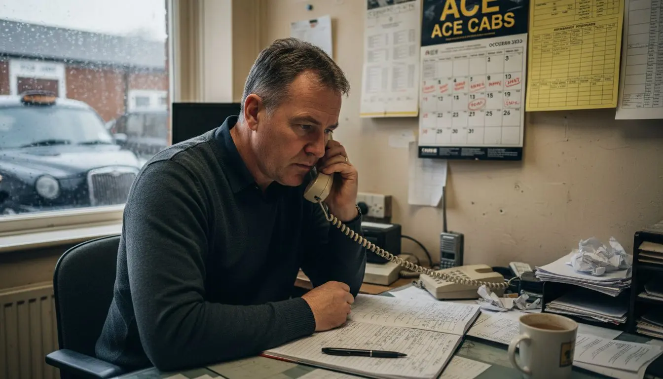 Taxi dispatcher at desk reviewing phone tariffs