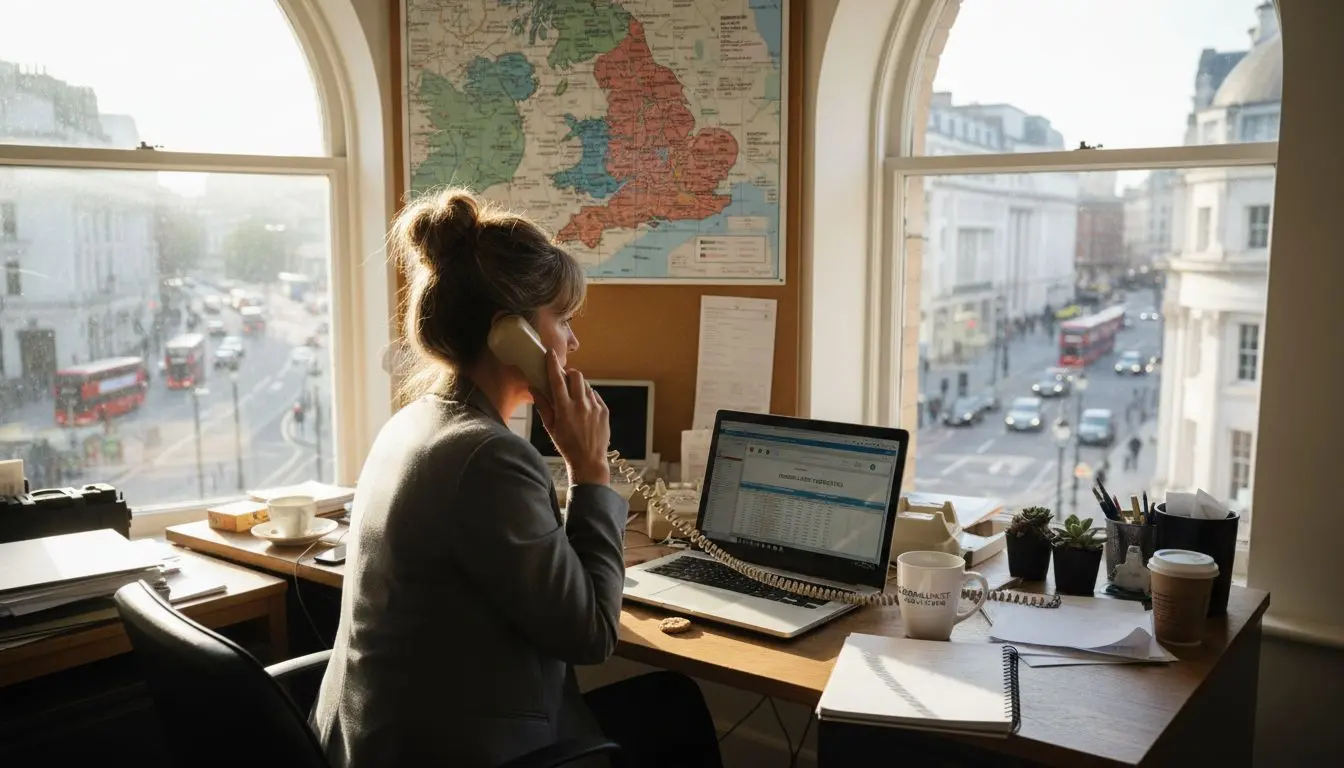 Businesswoman dialing UK phone for branding office
