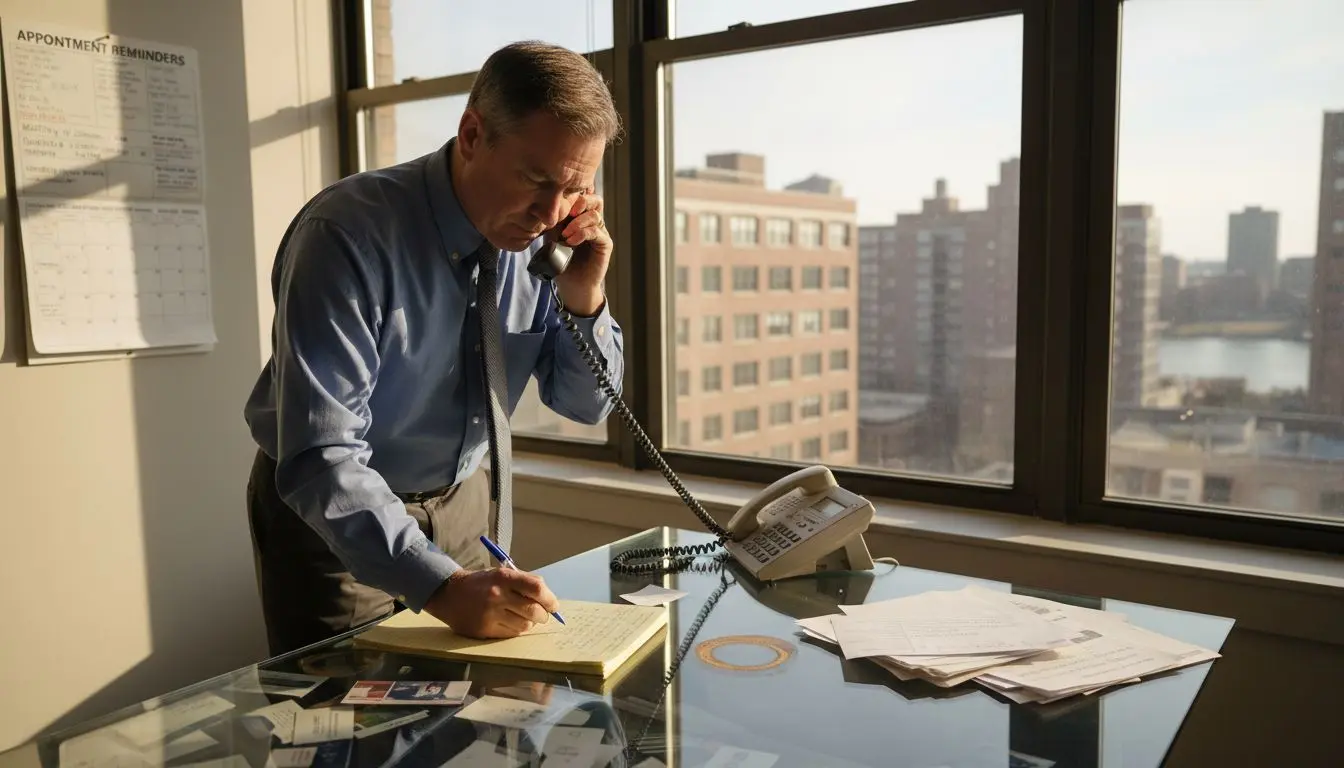 Office manager using business phone