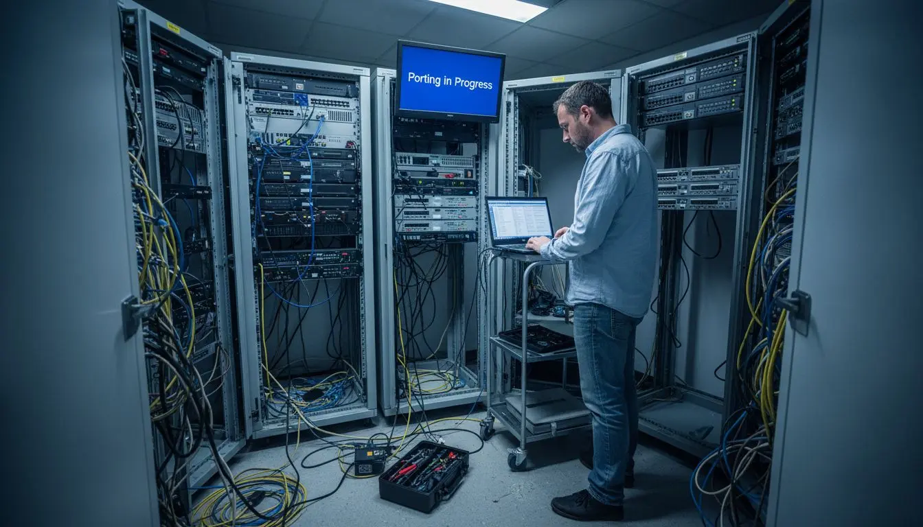 IT specialist checking server room phone port