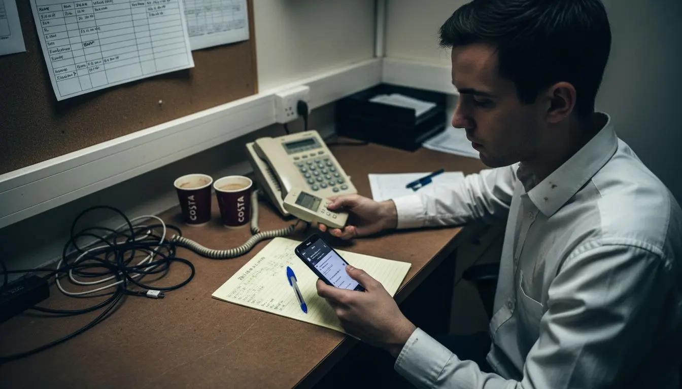 Taxi worker juggling landline and smartphone