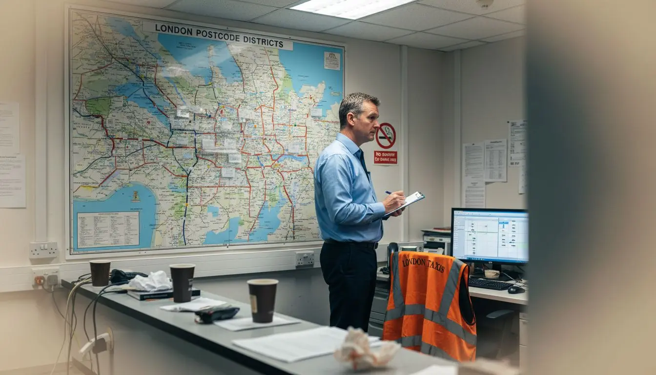 Taxi manager in London dispatch office reviews postcode map