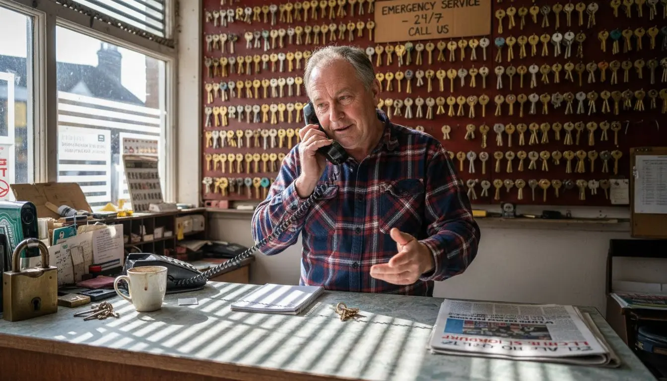 UK shop owner answers phone at counter