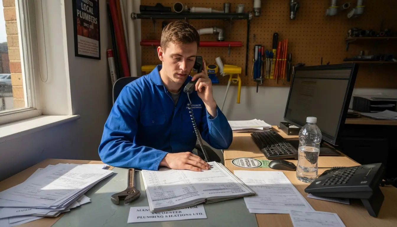 Plumber answering call using switchboard