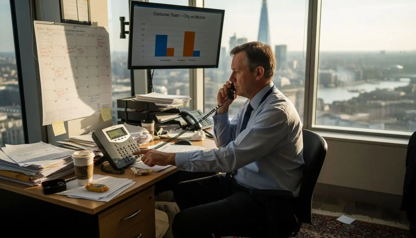UK office owner dialing city landline phone