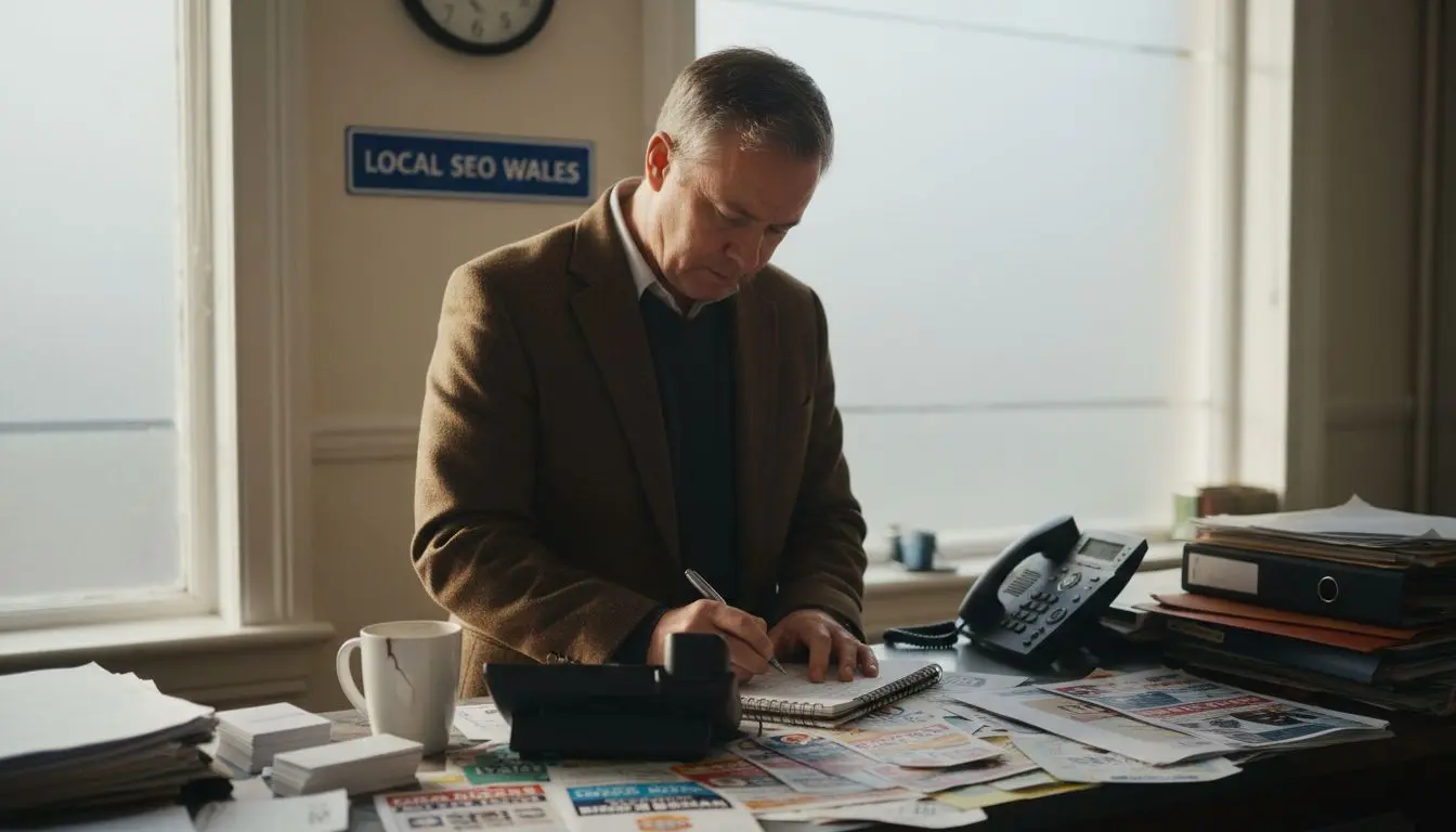 UK business owner writing beside phone number