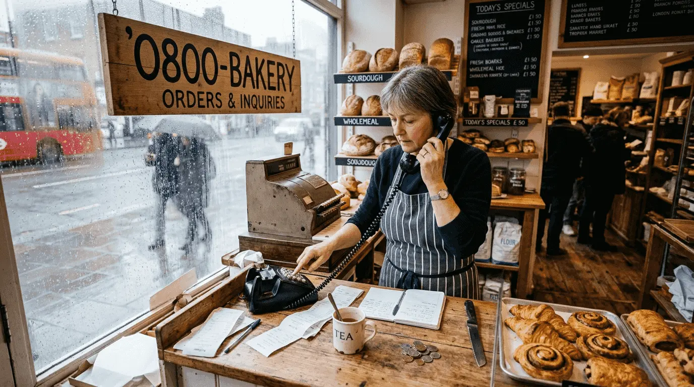 Bakery owner using memorable phone sign
