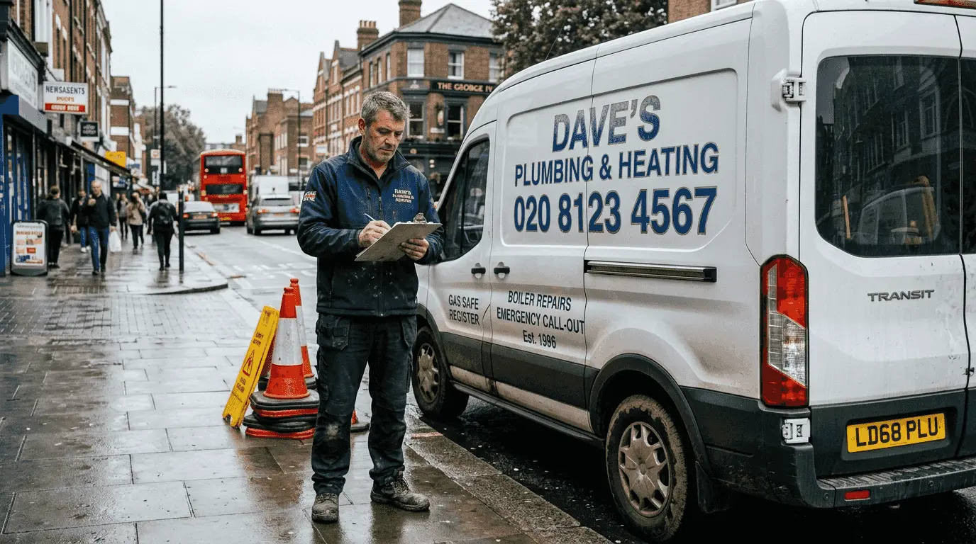 Plumber beside branded service van with phone number