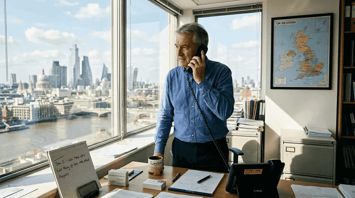 Business owner with UK phone in London office