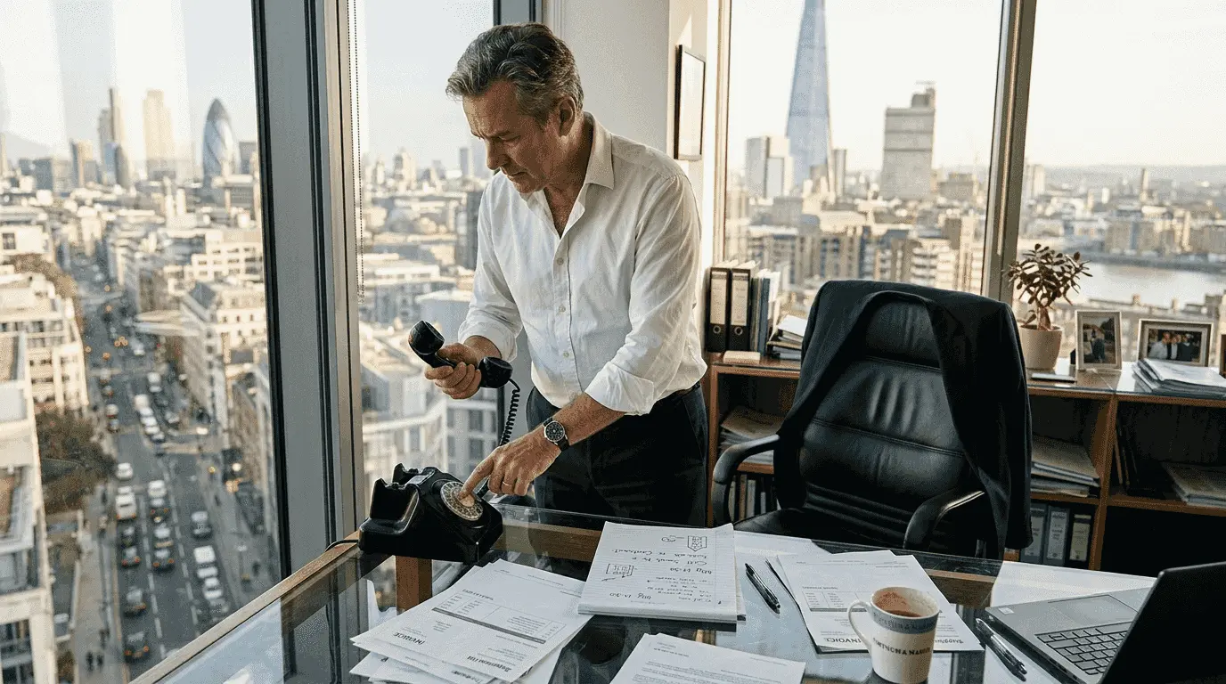 UK business owner dialing desk phone