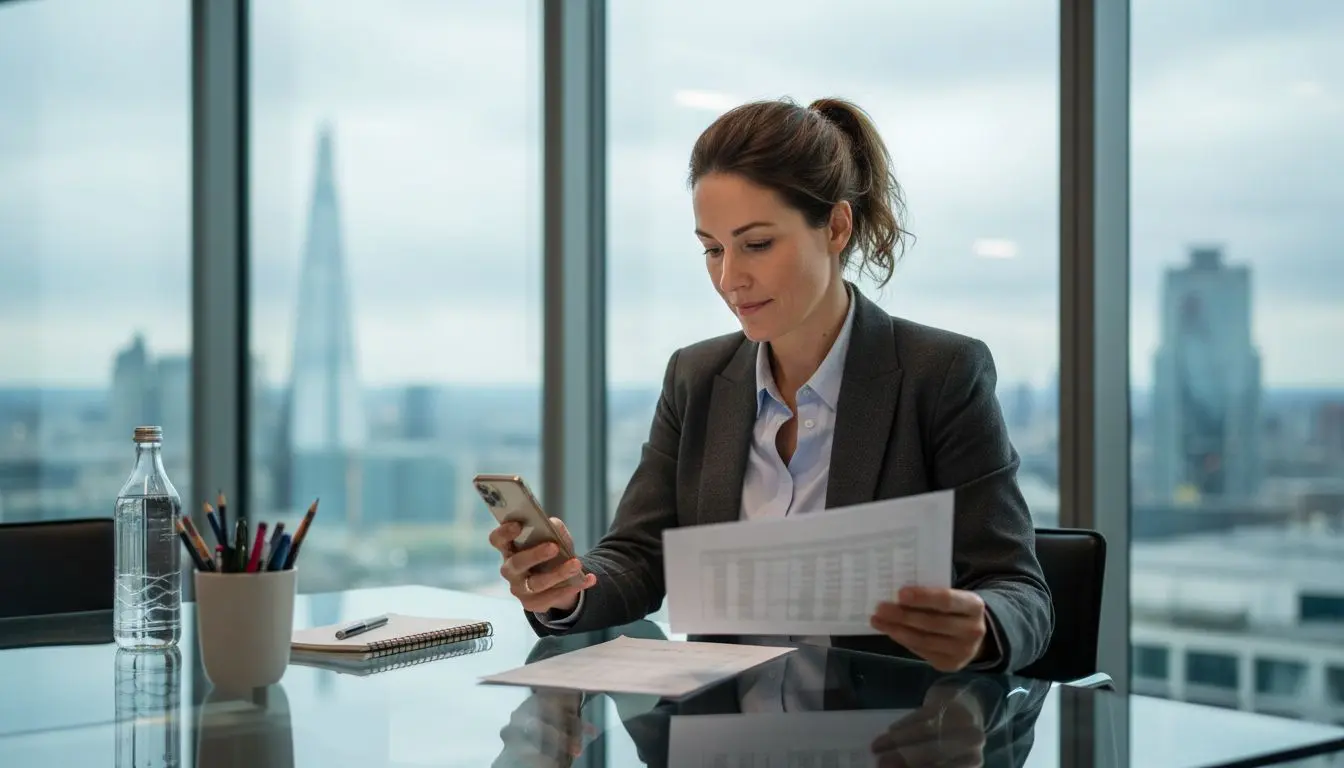 Businesswoman verifying phone number in office