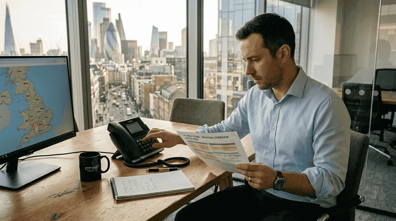 UK office manager dialing phone, map with dial codes