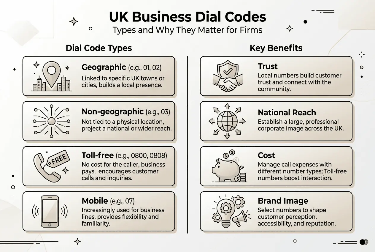 Infographic showing UK business dial code types and benefits