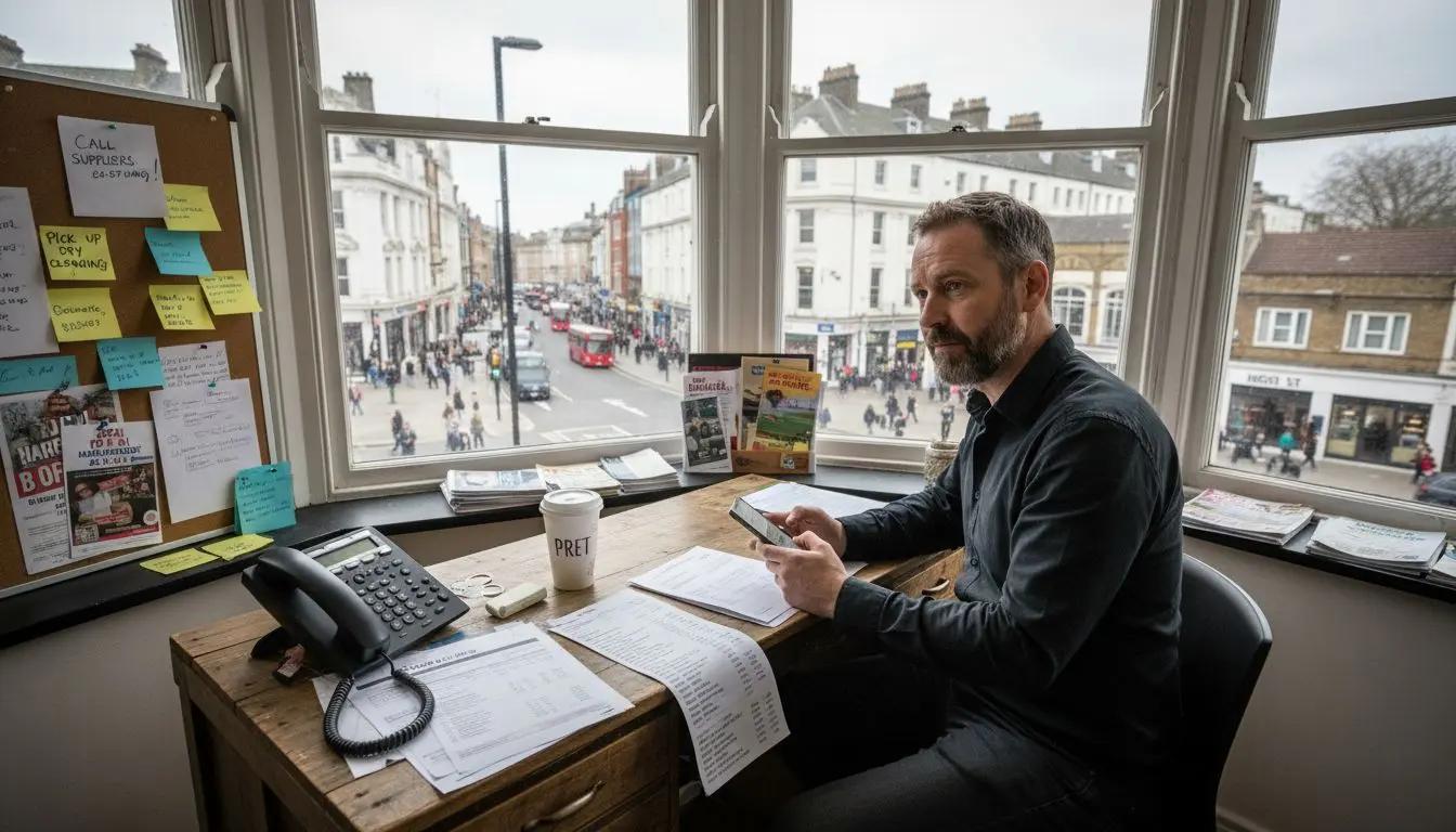 Business owner managing phone numbers in office