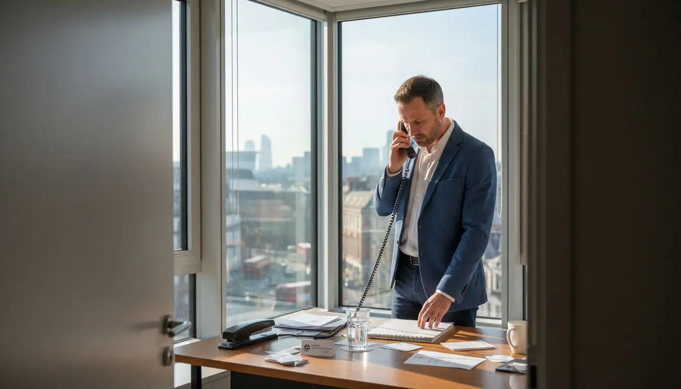 Manager dialing private number in sunny corner office