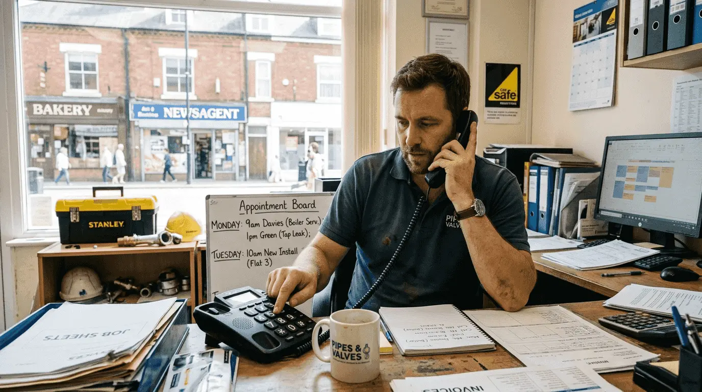 Small business owner using landline phone