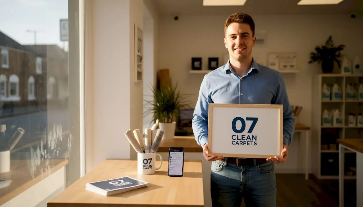 Entrepreneur with branded phone number sign