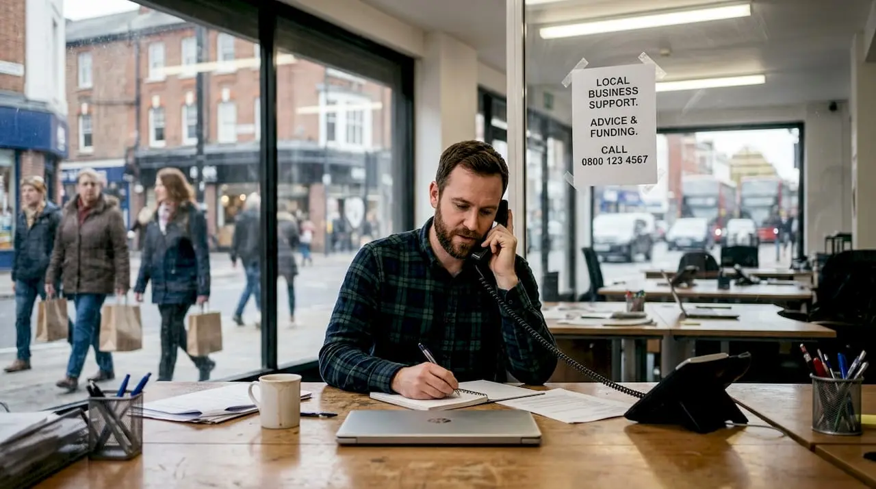 Man answering call at small UK office desk