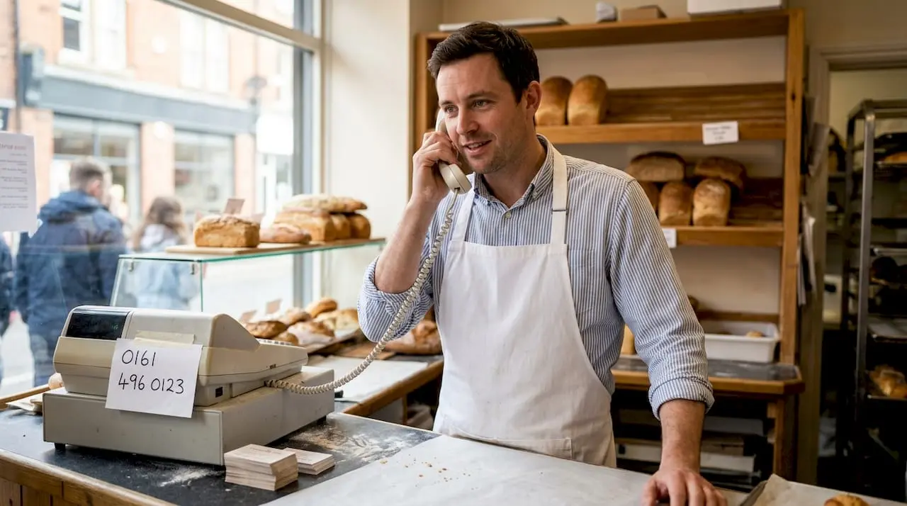 Business owner answers phone in UK bakery