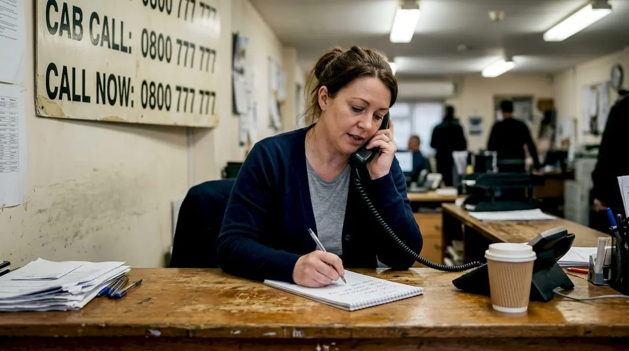 Receptionist at desk with repeating phone number sign