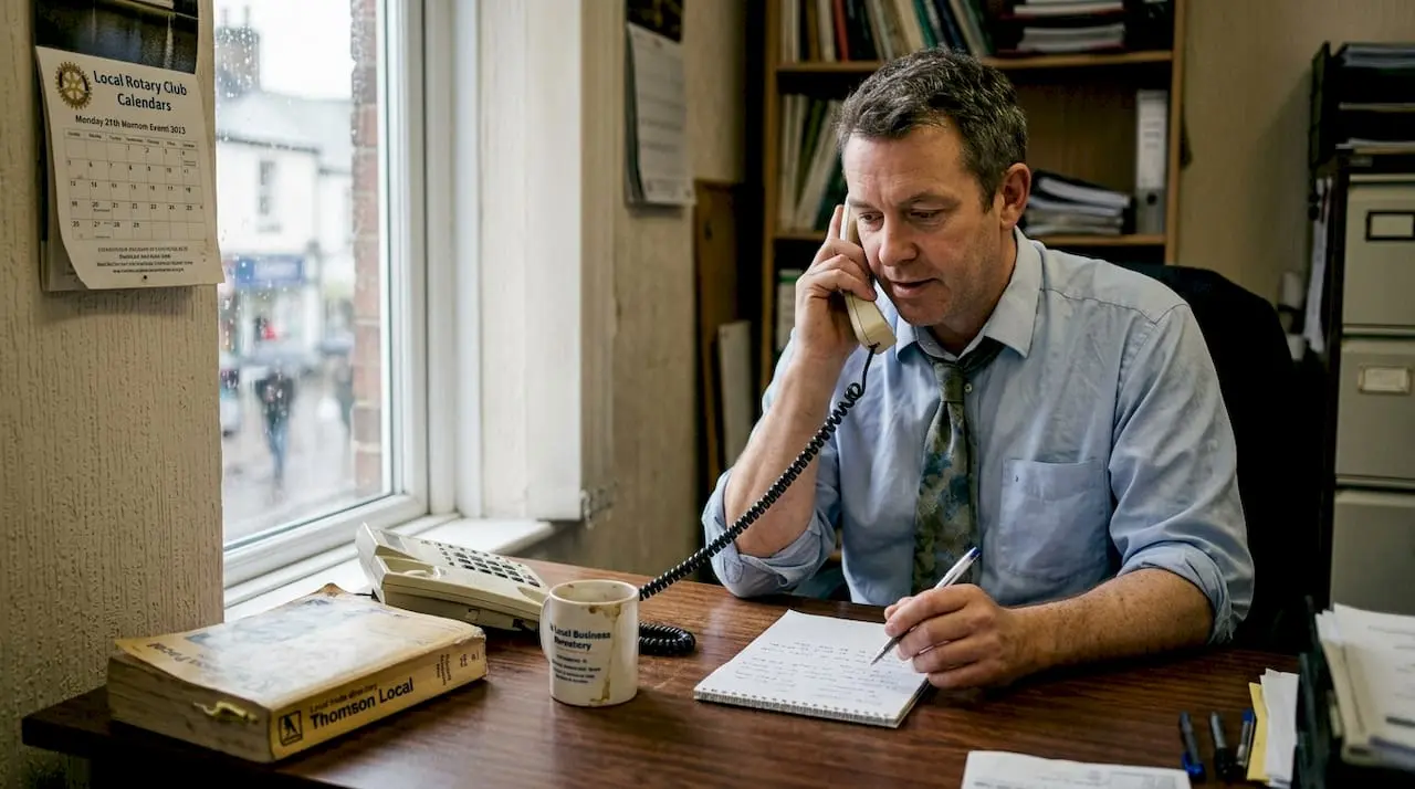 Business owner answers phone at cluttered desk