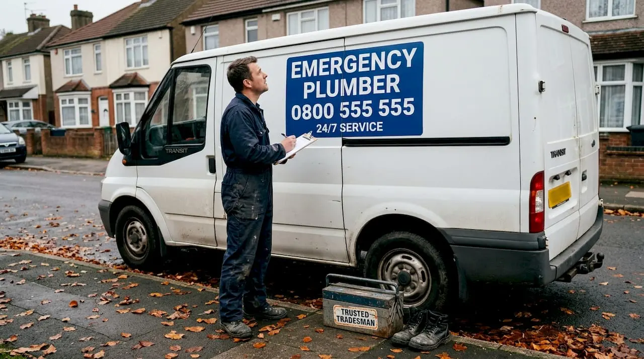 Plumber checks repeating phone number on van sign