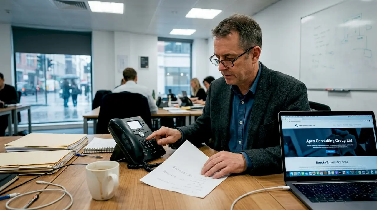 Business owner dials phone at shared office desk