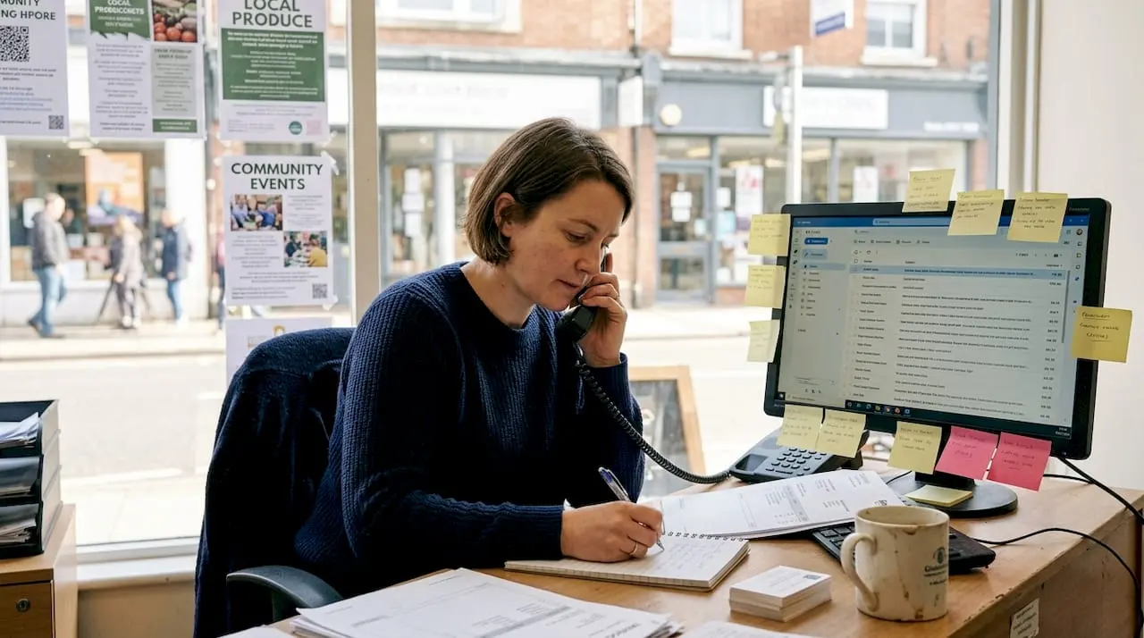 Small business owner on office phone call