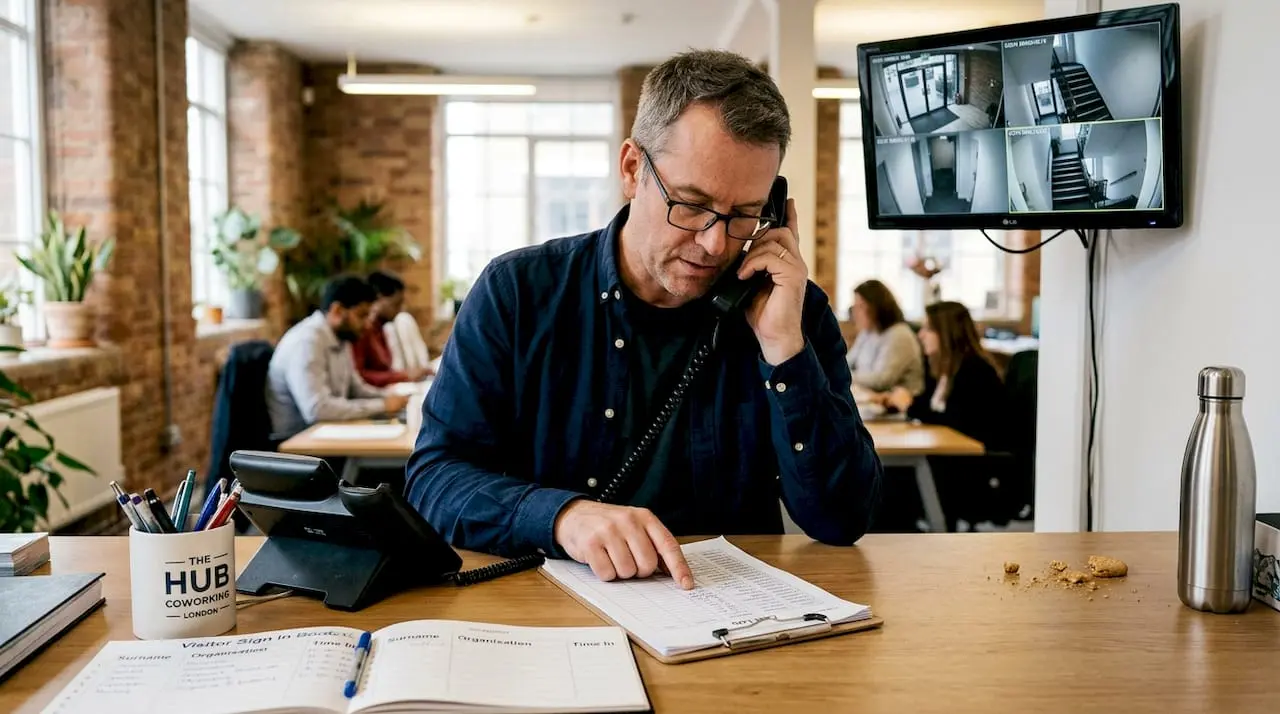 Receptionist reviewing business call log at desk