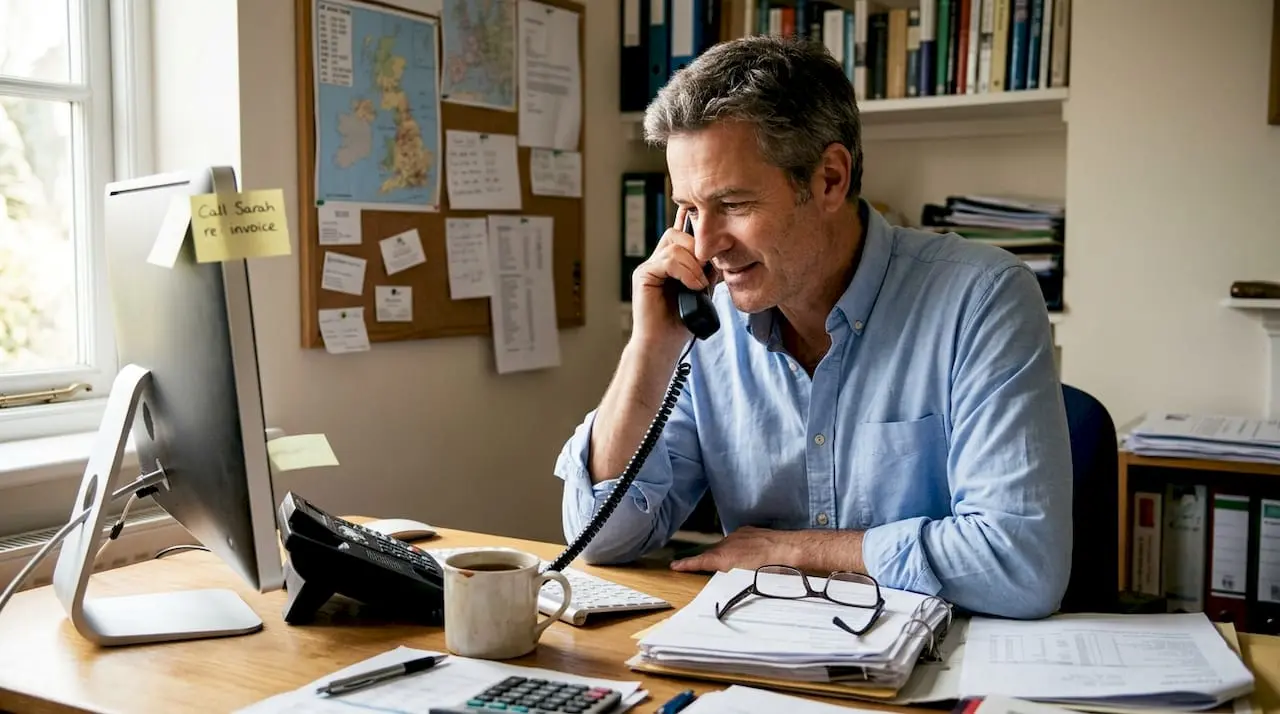 Business owner dialing phone at desk
