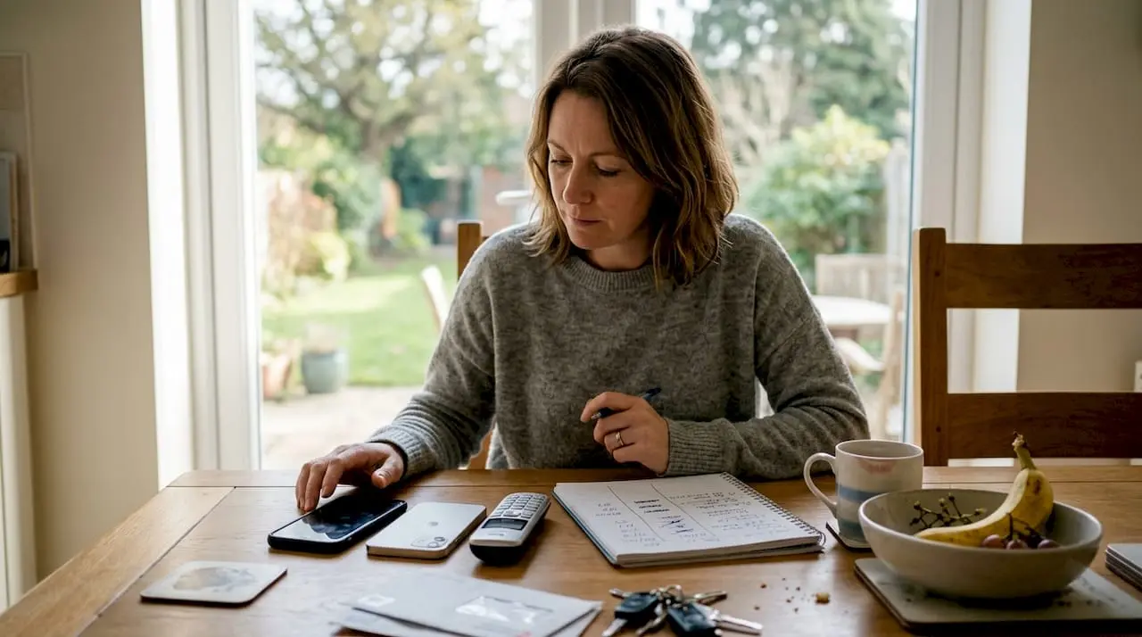 Woman comparing mobile and landline options