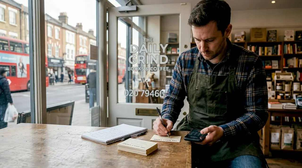 Shop owner writes down business phone number