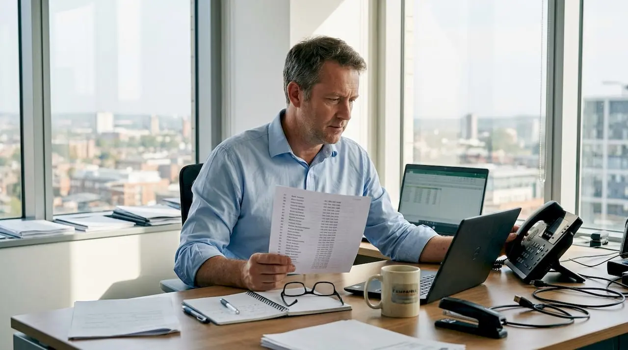 Business owner comparing phone numbers in office