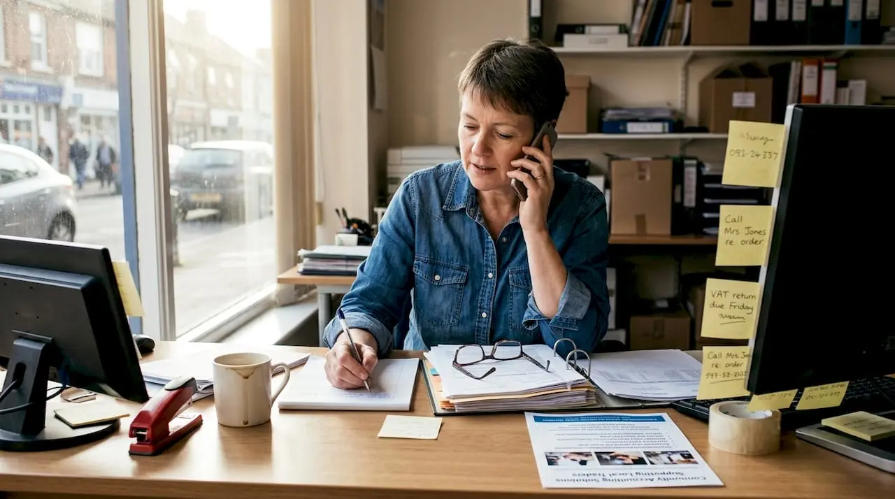 Shop owner makes phone call at desk