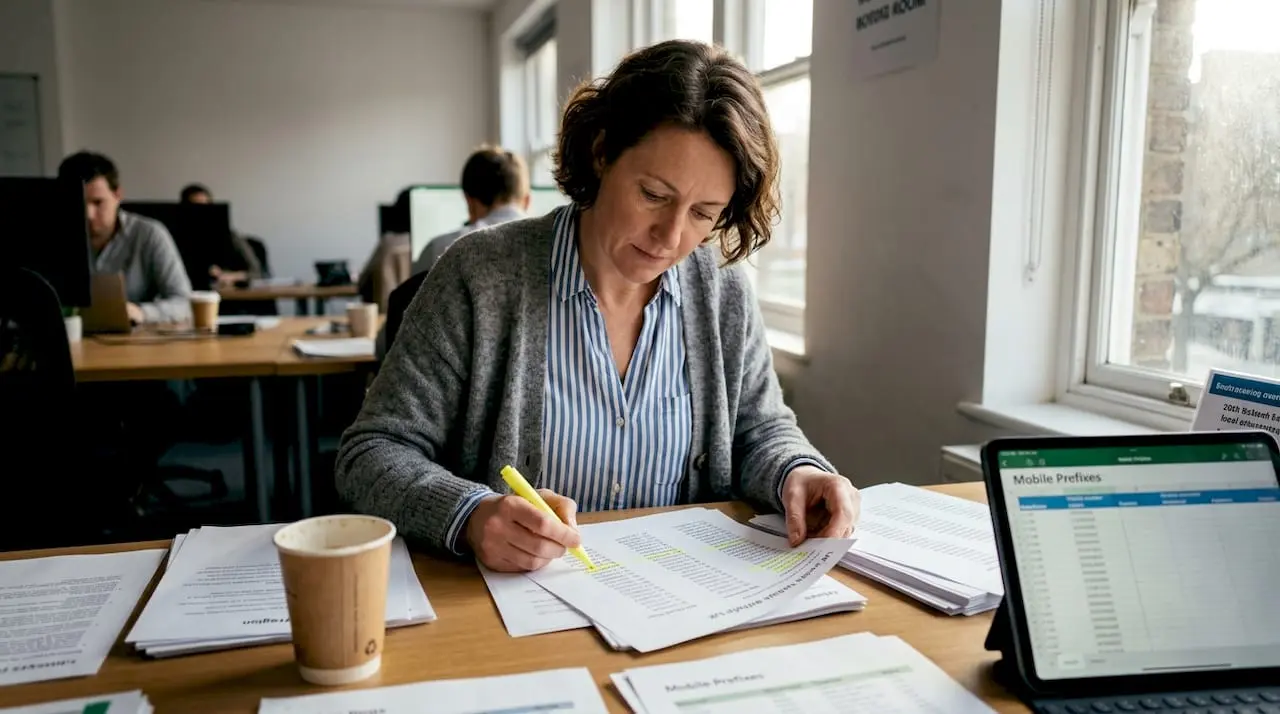 Administrator sorting mobile number paperwork