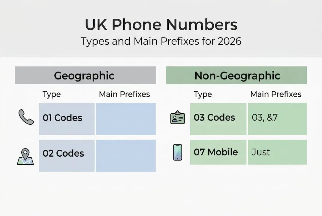 Infographic showing UK phone number types and prefixes