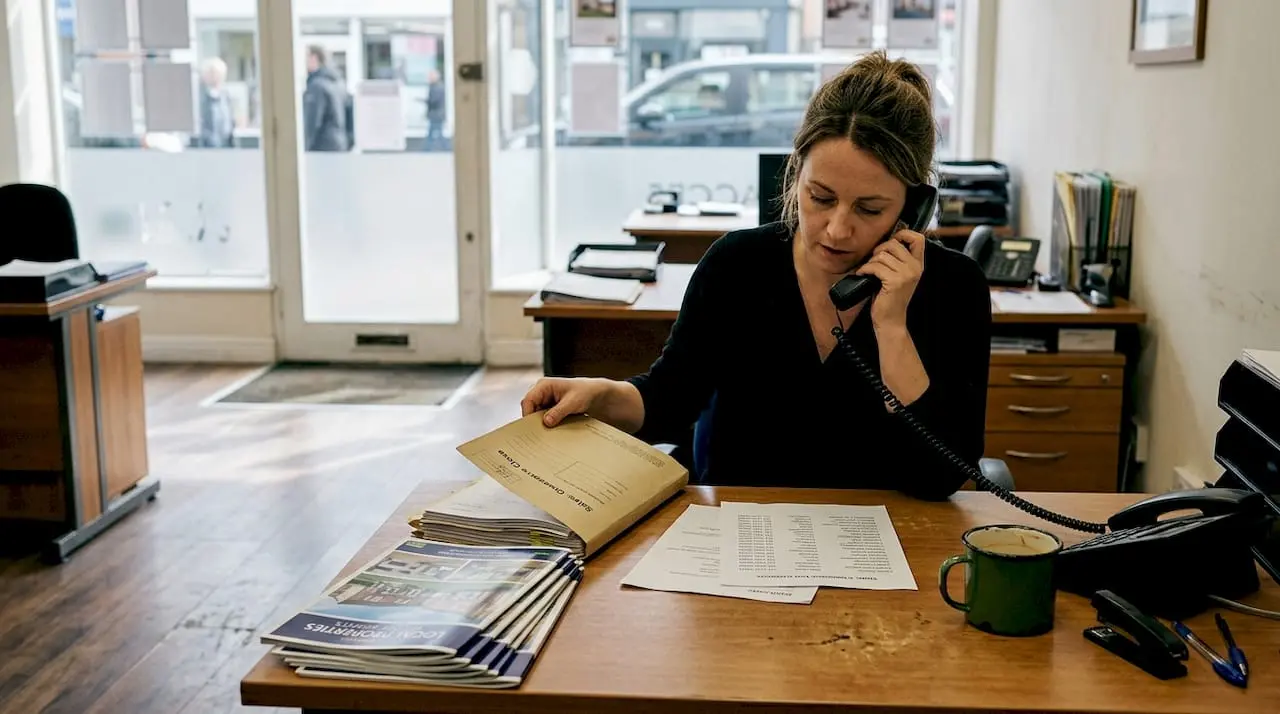 Business owner on office phone at busy desk