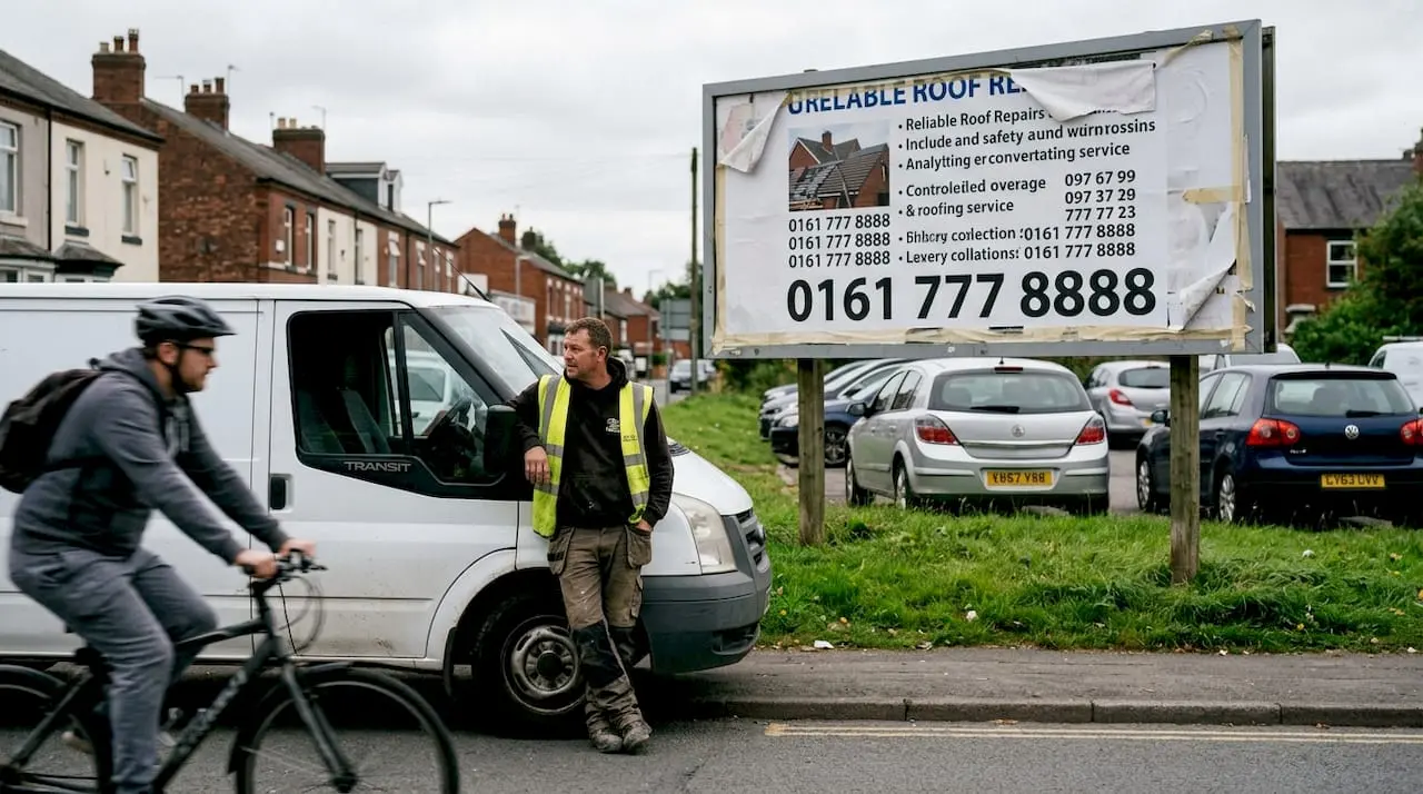 Tradesman noticing billboard phone number outdoors