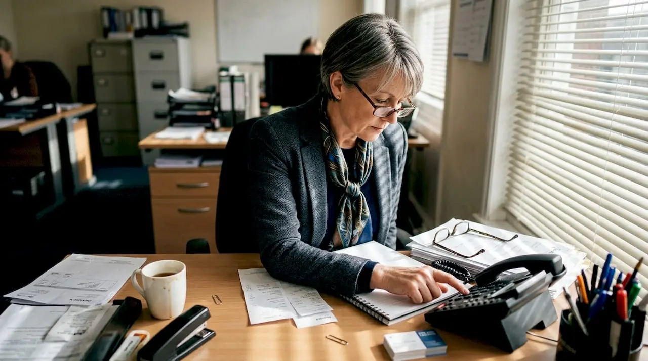 Businesswoman dialing phone at shared office desk