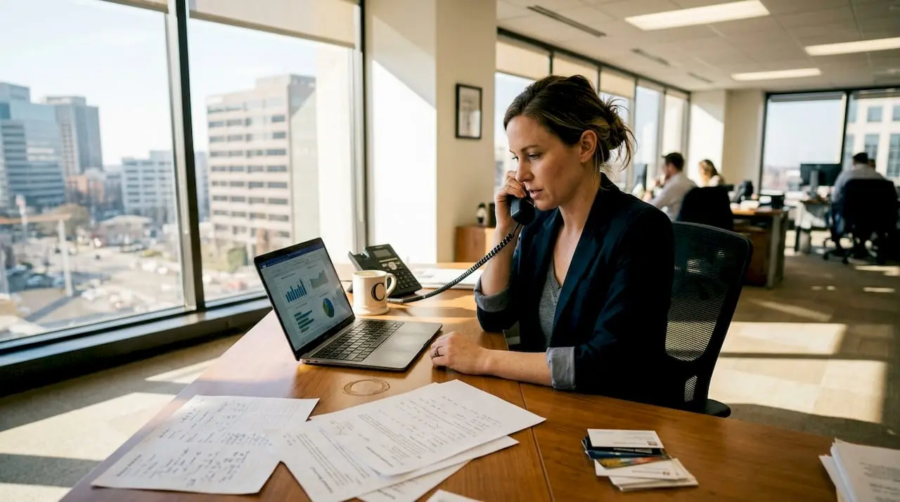 Office manager leasing phone at bright desk