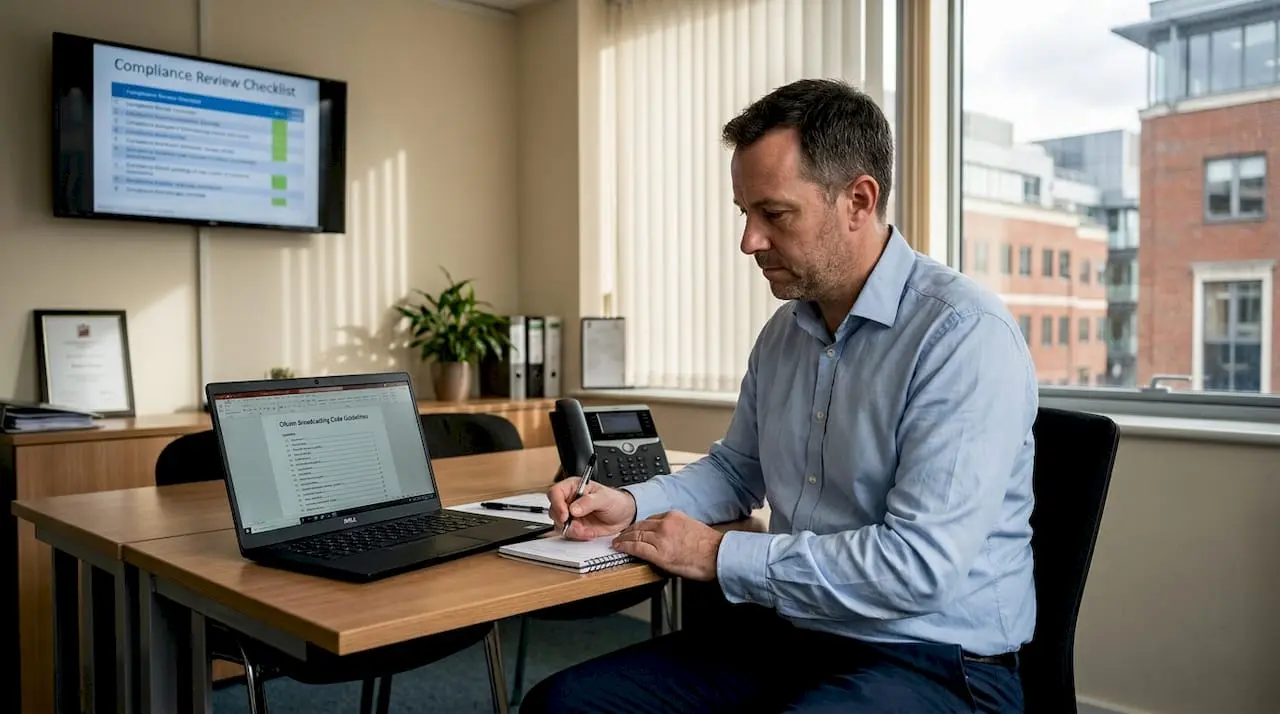 Compliance officer reviewing Ofcom telecom guidelines