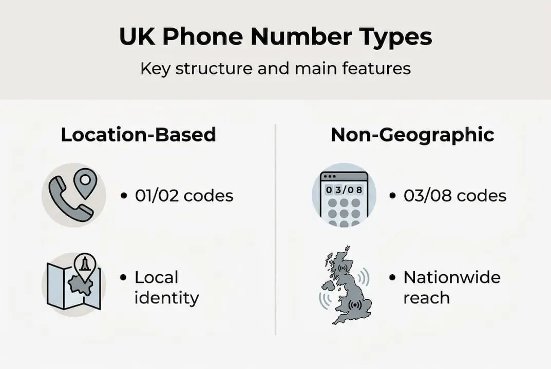 Infographic contrasting UK phone number types